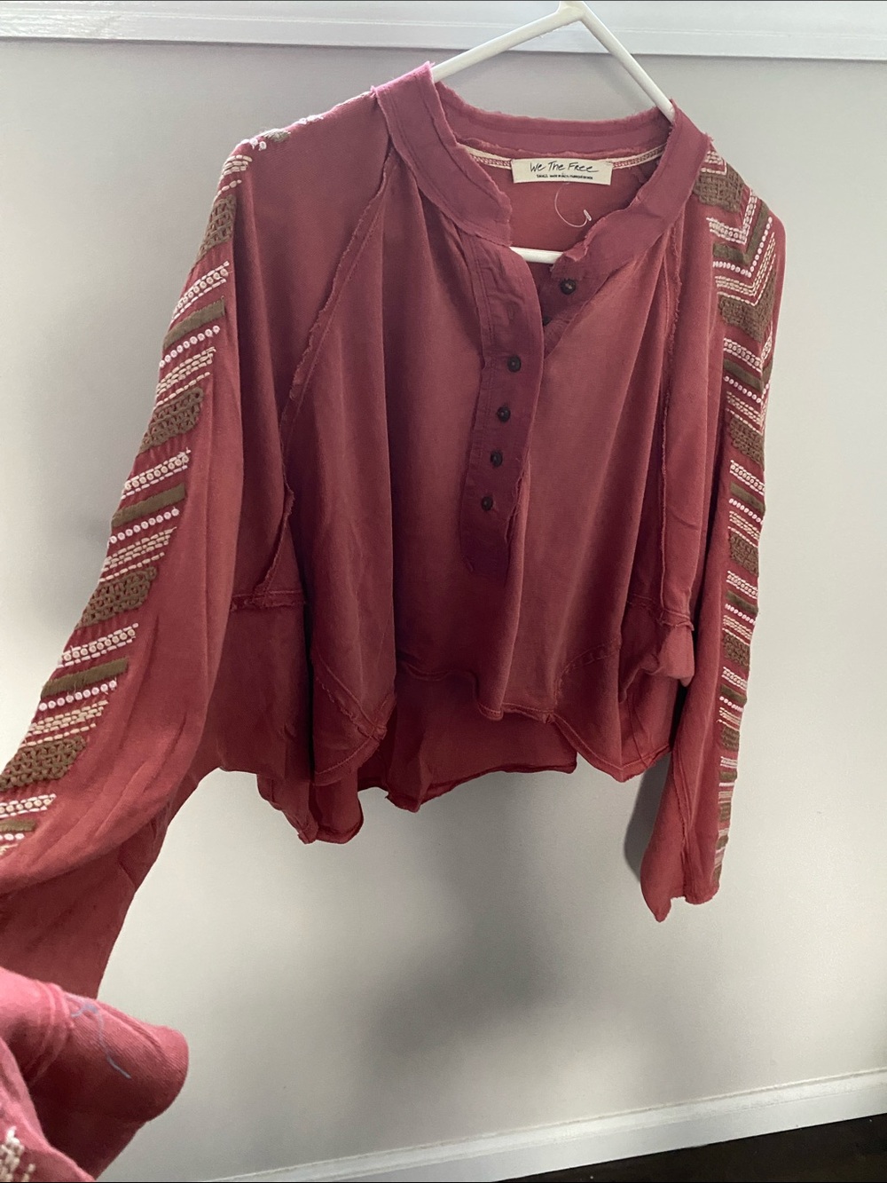 Free People Brick Red Embroidered Sleeve Henley Pullover